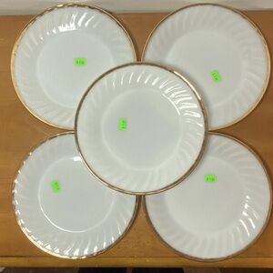 Fire King Anchor Hocking Milk Glass Swirl Gold Rim Luncheon Plates 9” Set Of 5
